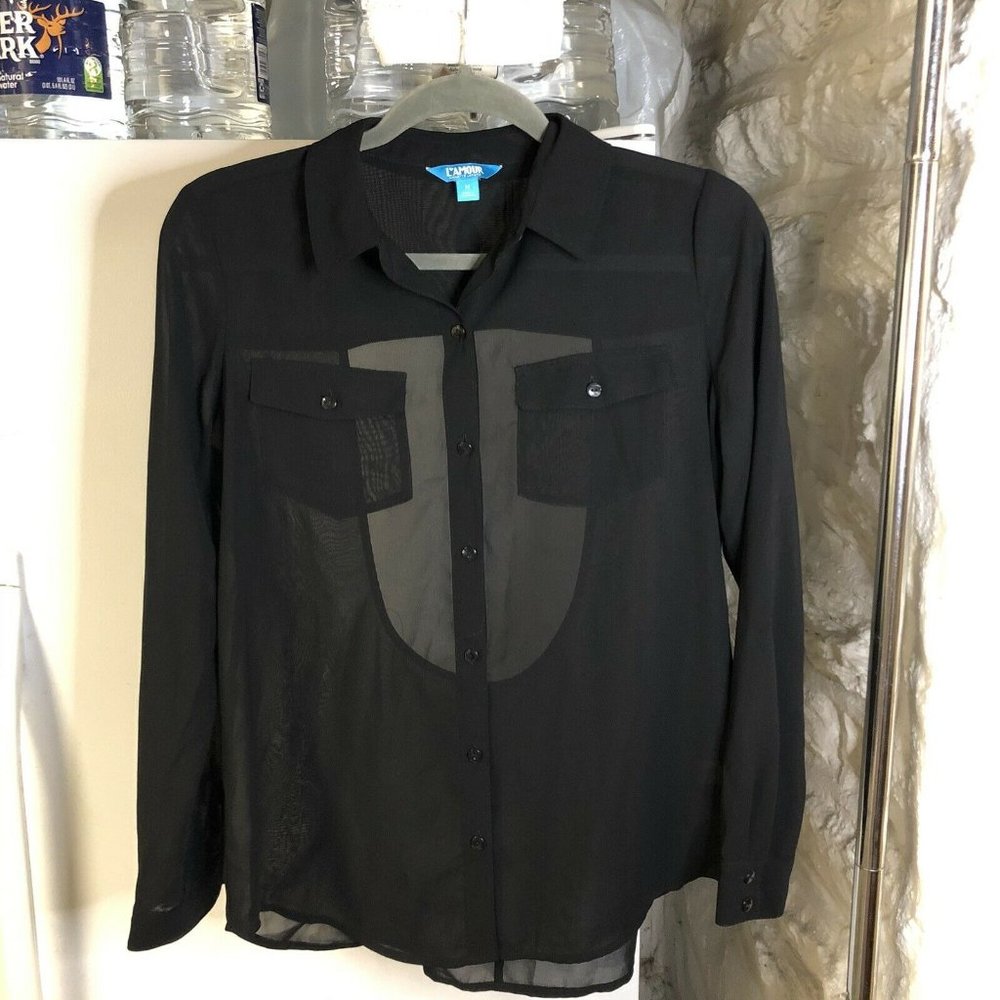 L Amour Womans Button Up Blouse M Black Polyester
